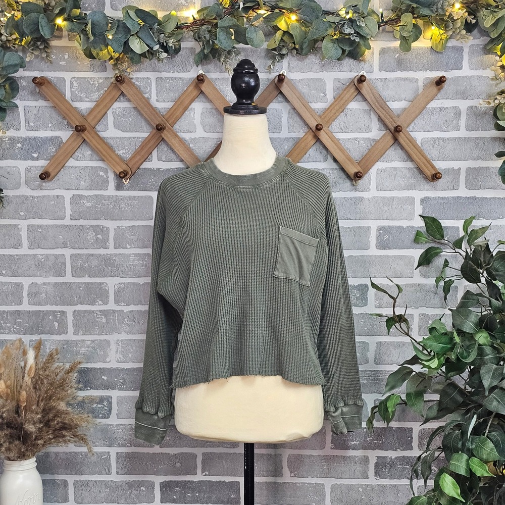Forever 21 Olive Green Waffle Knit Cropped Top Y2K Casual Size Junior Large